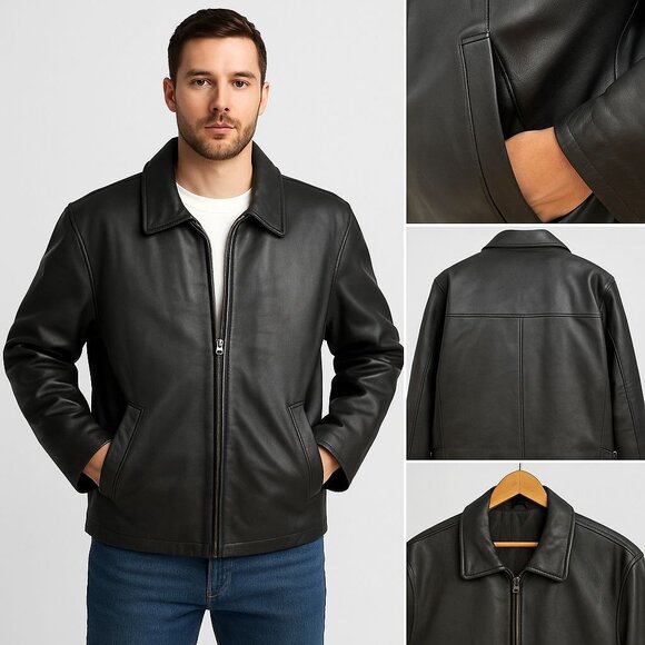 Vtg 90's Y2K Trader Bay Leather Jacket Mens Large Zip Up Grunge Biker Streetwear - Picture 1 of 16
